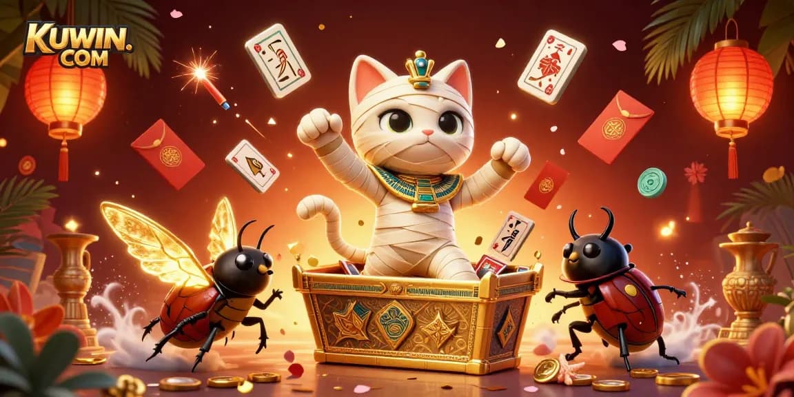 The energetic scene of KUWIN. COM's Egyptian mummy cat with gaming elements bursts into action, surrounded by dynamic casino features.