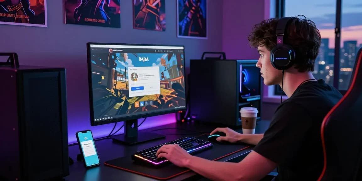 Raja Game login scene, user focused on computer, gaming accessories, immersive lighting.