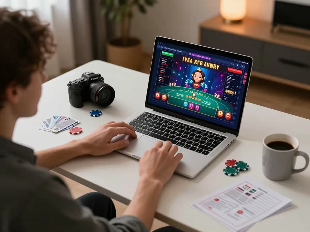 Player explores RR88 online casino with cards and chips visible on laptop screen during a live dealer game.