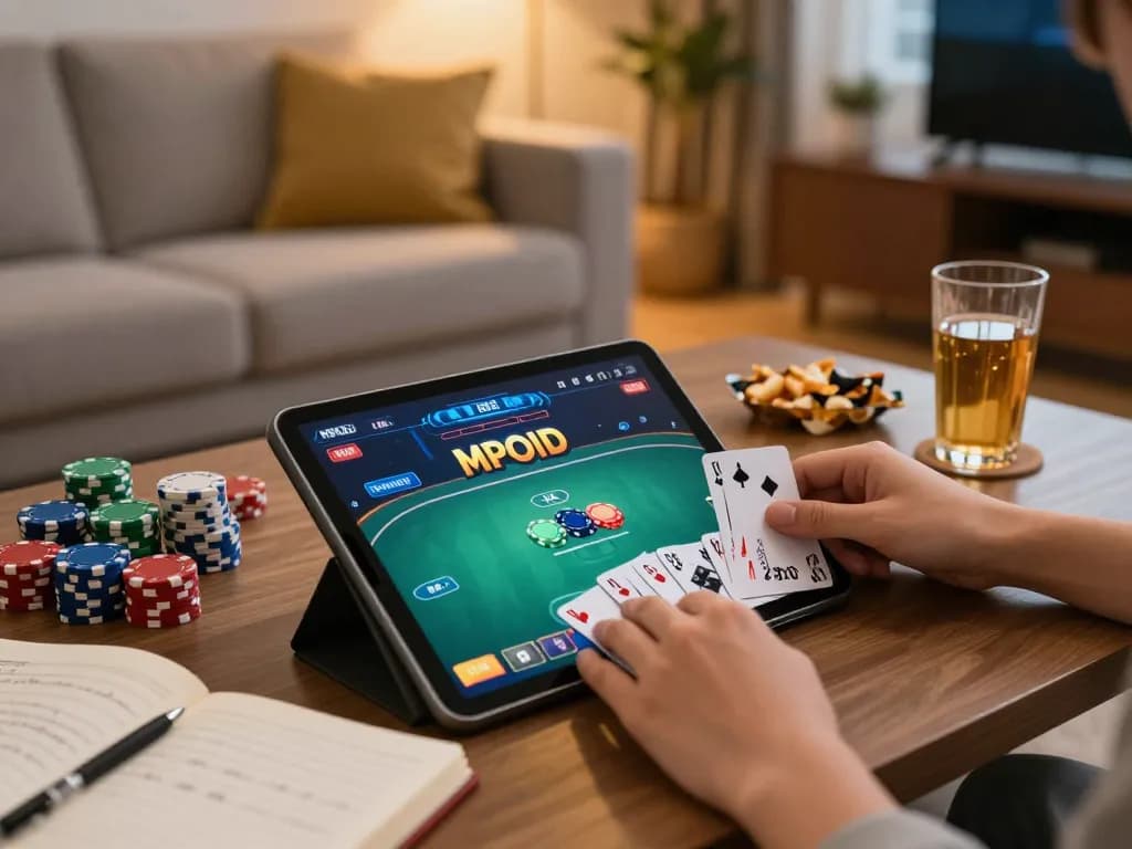 MPOID gameplay on a tablet showcasing an interactive online poker game in a cozy living room setting