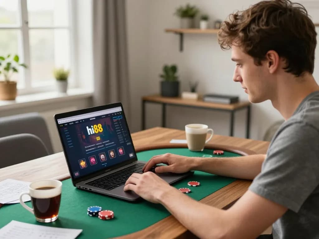 Player strategizing on hi88 poker game at home, showcasing modern gaming setup.