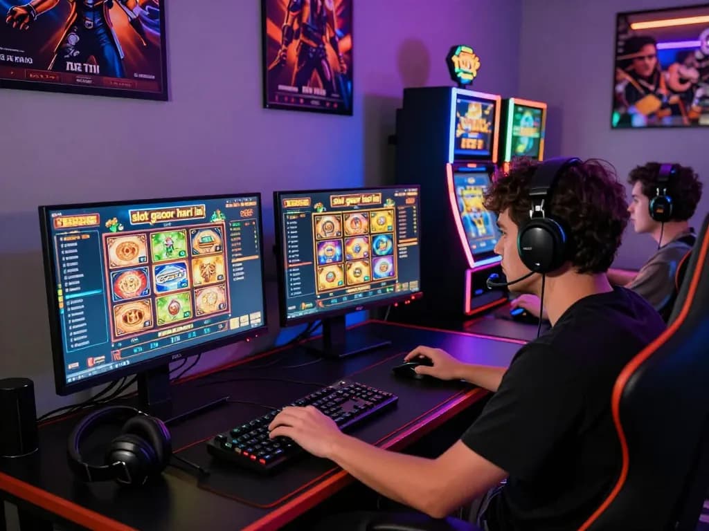 Player experiencing slot gacor hari ini at a vibrant gaming desk with multiple screens.