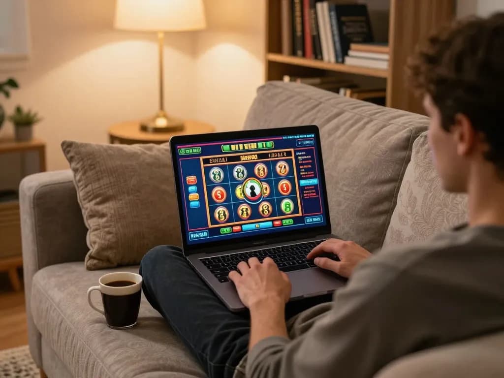 Enjoying an online game at home with MM88 on laptop, showcasing relaxed gaming atmosphere.