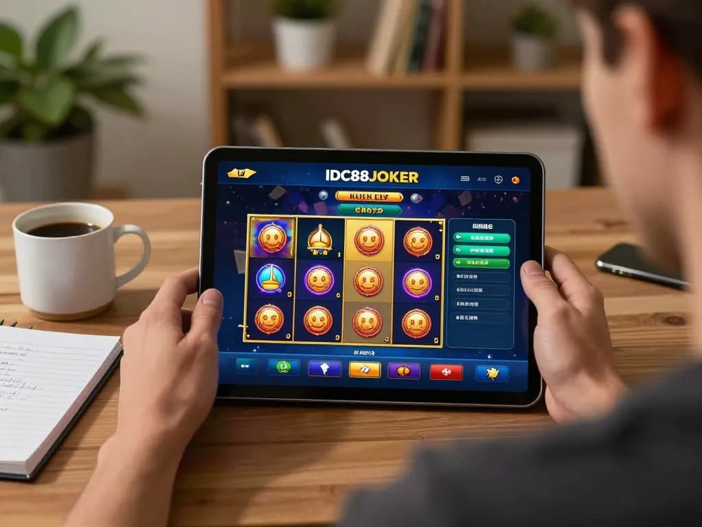 Engaging with IDC88JOKER casino app on a tablet, showcasing vibrant online slot games.