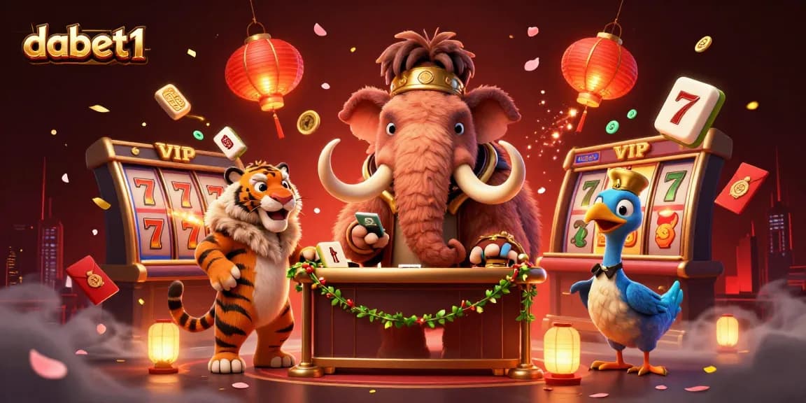 Dabet1 showcases a vibrant casino scene with a woolly mammoth bouncer and a saber-tooth tiger VIP.