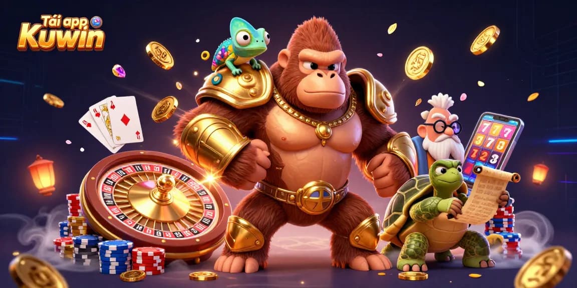 Tải app Kuwin to enjoy mobile gaming with vibrant 3D illustrations of a gorilla king, chameleon, and tortoise.