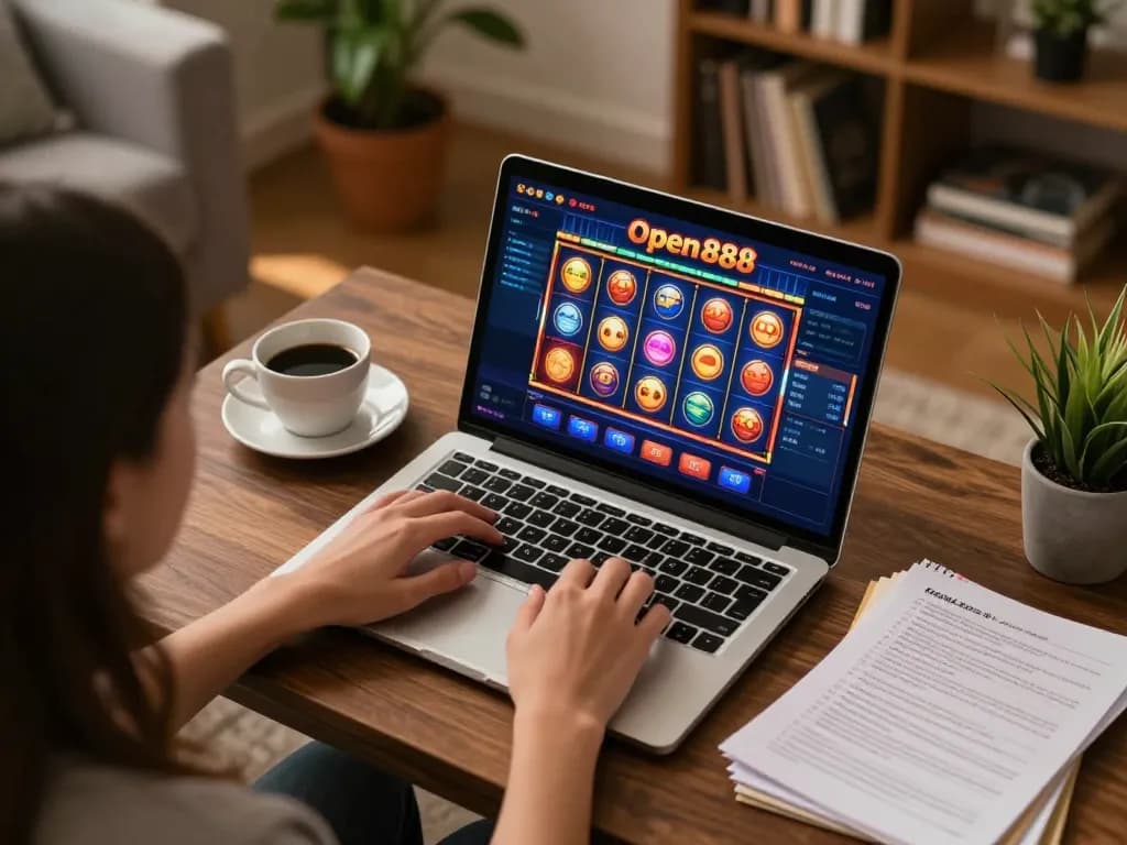 Player engaging with the open888 platform, showcasing vibrant gaming interface in a cozy setting.