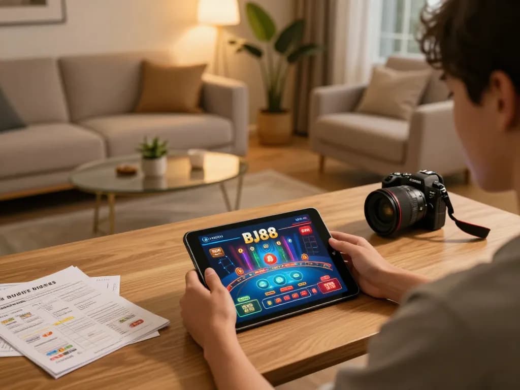 Player enjoys online games at BJ88, showcasing vibrant graphics on tablet in a cozy gaming setup