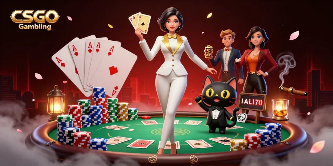 Rasakan Taruhan CSGO dengan karakter glamor, meja poker, dan elemen permainan yang berwarna-warni.