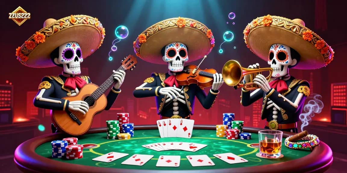 Experience ZEUS222 with Dia de los Muertos skeletons celebrating at a vibrant poker scene, action-filled and colorful.