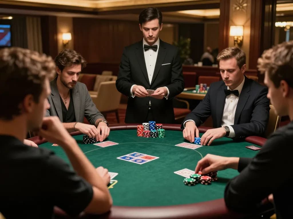 kp88 poker players attentively strategizing around a green felt table in a luxurious casino setting