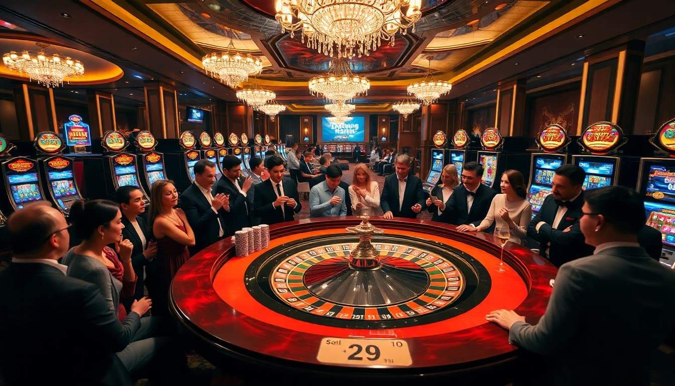 Rasakan sensasi 'Datuk Win' di kasino elegan dengan rolet dan mesin slot yang berwarna-warni.