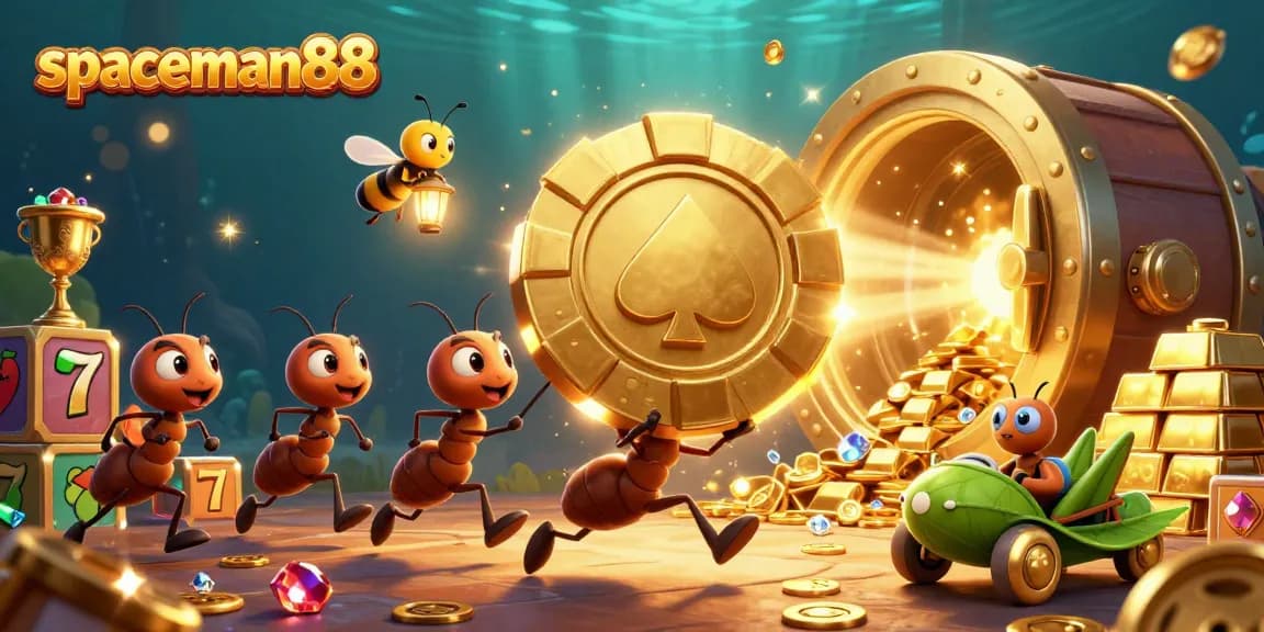 Spaceman88 showcases an exciting team of ants on a golden poker heist amidst casino visuals.
