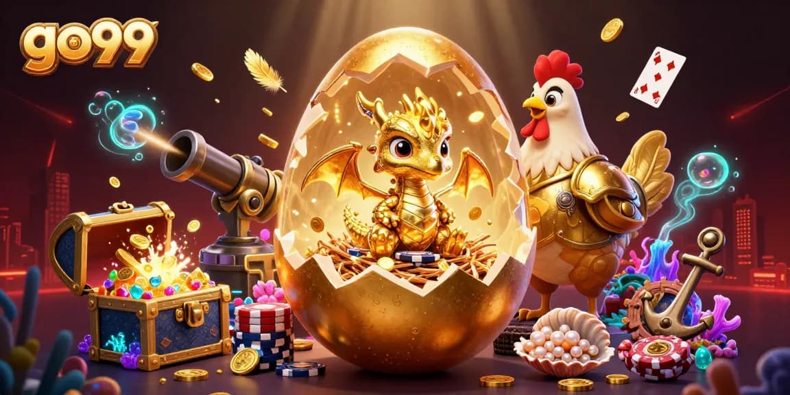 Experience go99's vibrant casino world with a golden dragon and poker chips.
