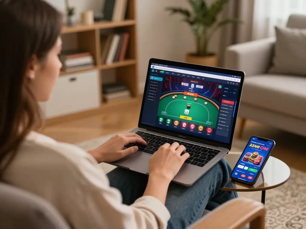 Players enjoy Sunwin online poker at home on laptop, creating a cozy gaming atmosphere