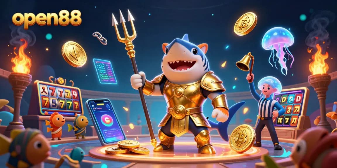 Spin to win big with open88 in this vibrant 3D casino scene featuring a shark warrior!