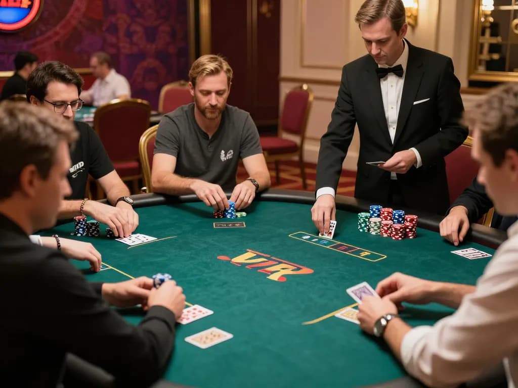 Players strategizing and enjoying high-stakes poker at vipwin casino table with vibrant atmosphere