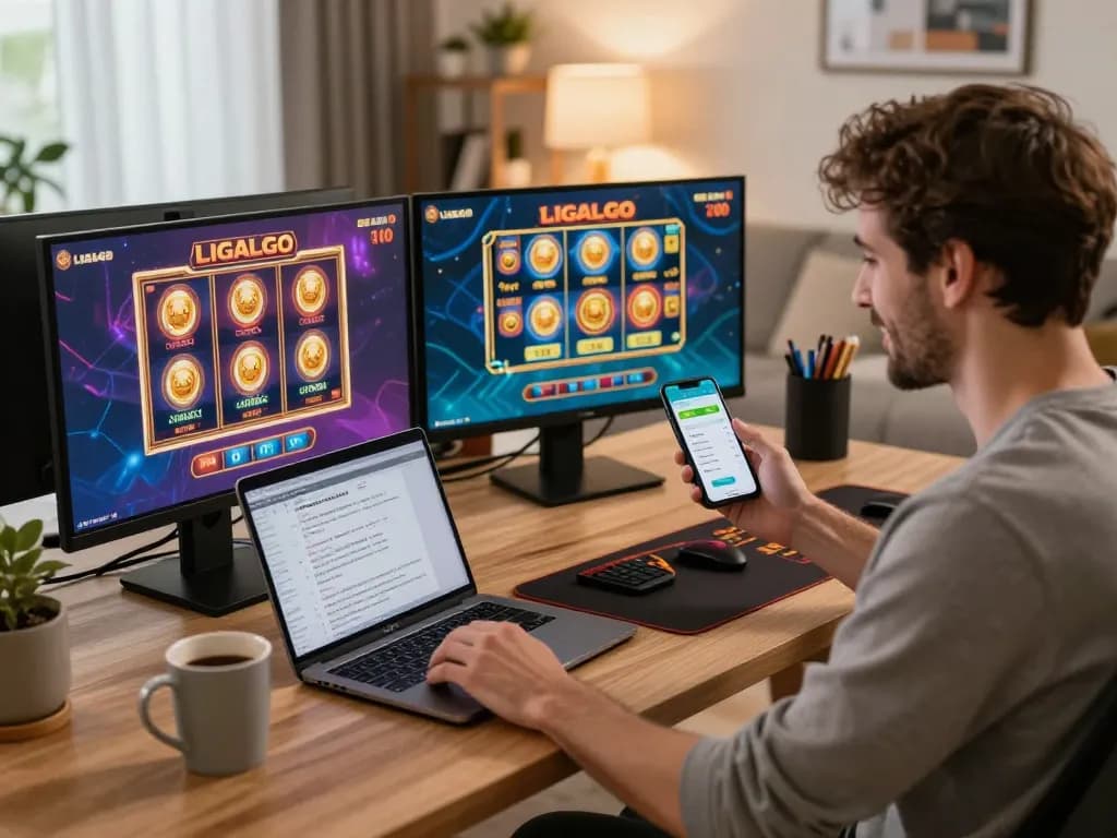 LIGALGO user engaged in strategic online gaming, focused on multiple screens displaying exciting casino games.