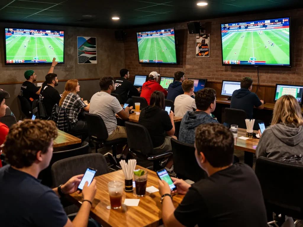 Kèo bóng đá action with fans engaged in live sports betting using smartphones, vibrant atmosphere filled with excitement.