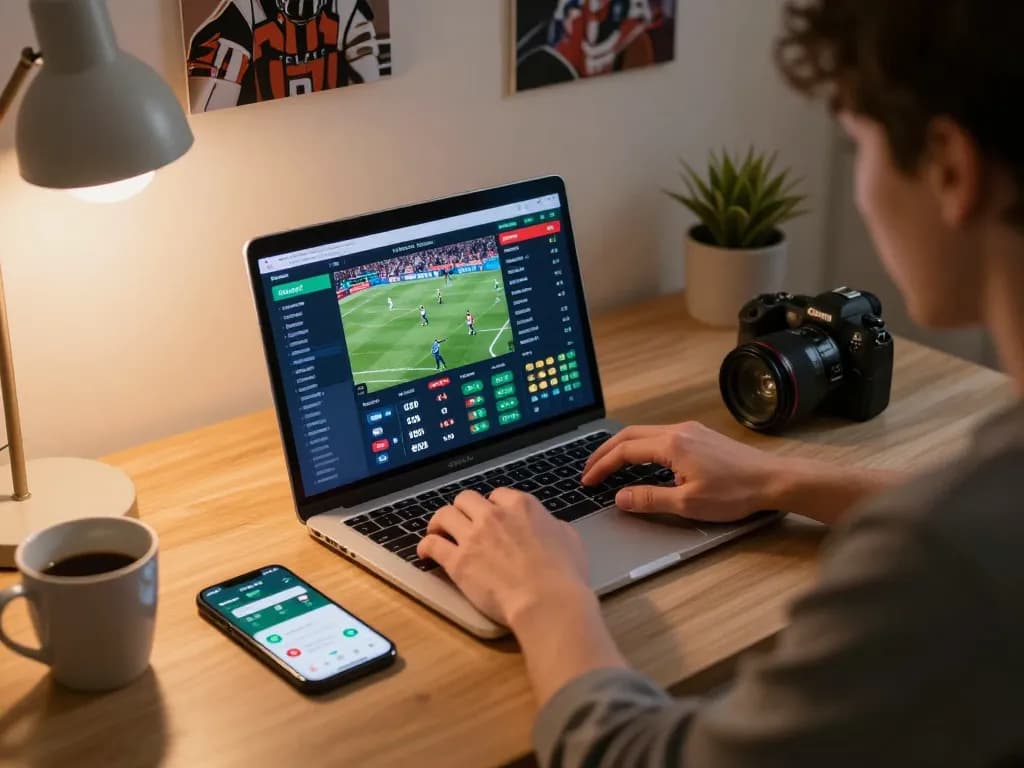 Person engaging in live betting on rr99 platform while analyzing sports events at home