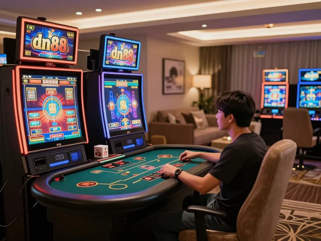 Engaged player enjoying online gaming experience at dn88, vibrant casino atmosphere.