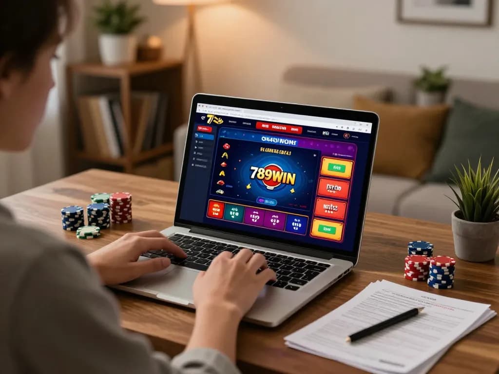 Engaging with 789WIN's online casino interface while strategizing at home desk