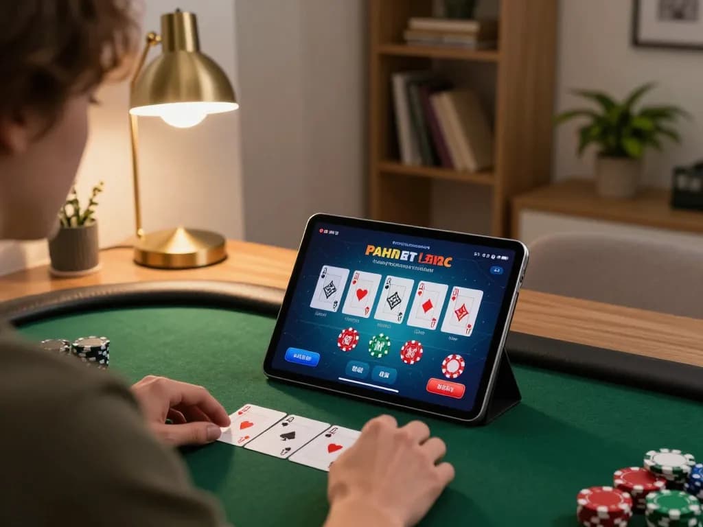 Player engaging with sky88 poker game interface on tablet, cozy home environment highlights responsible gaming.