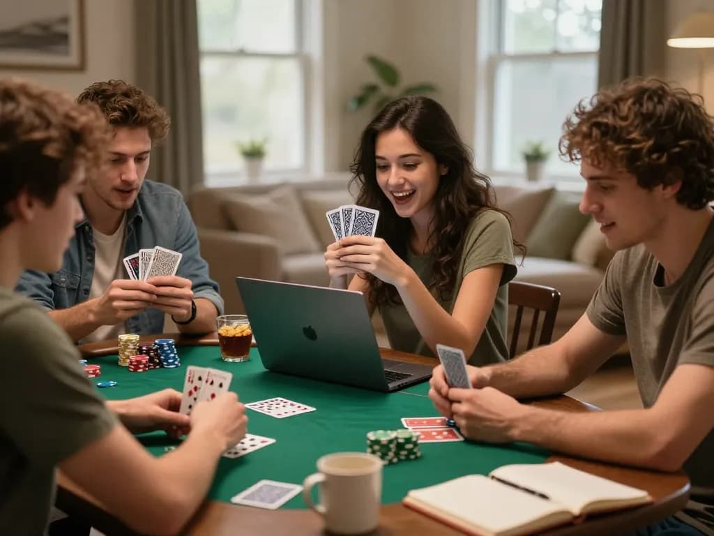 Open888 players enjoying a home poker game, engaging strategy and excitement, friendly competitive atmosphere