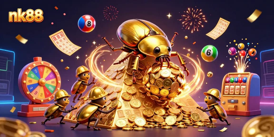 Experience the excitement of nk88 with a golden dung beetle rolling coins in a vibrant casino scene.