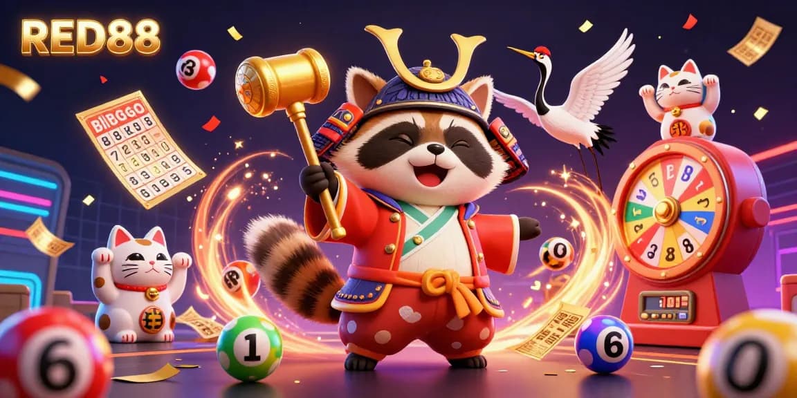 Engage with RED88's vibrant casino scene featuring a cheerful tanuki, lucky symbols, and dynamic action.
