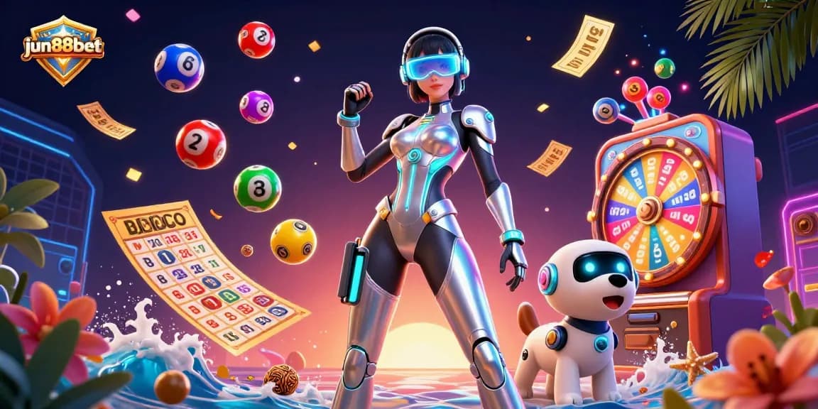 Experience vibrant gaming at jun88bet with a futuristic 3D casino scene full of dynamic lottery elements.