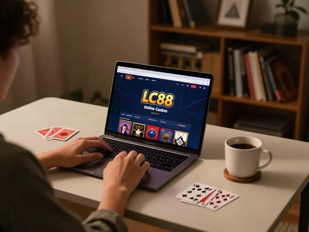 Player engaging with LC88 online casino on laptop in a cozy home setting.