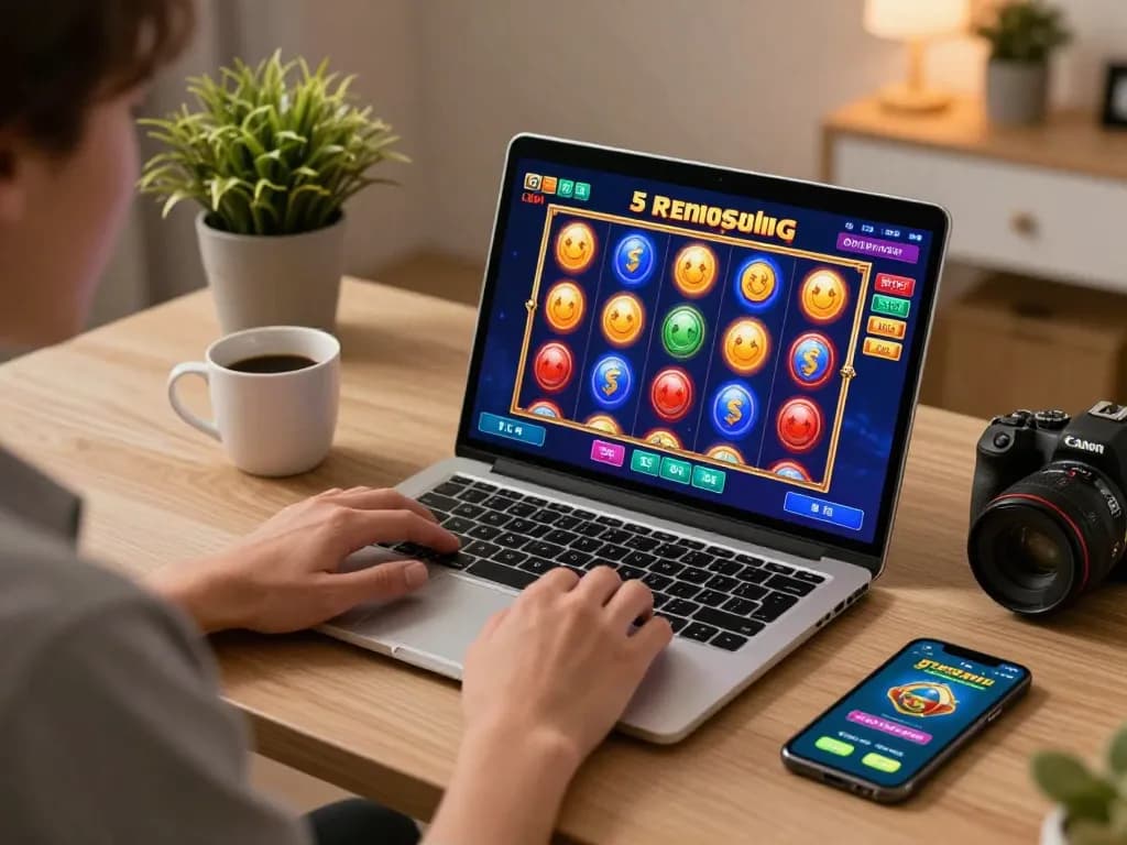 Engaging in online slots on Go8, a person spins colorful reels on their laptop.