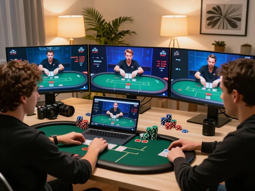 Engaging in an F8 bet online poker game, showcasing strategic gameplay and cozy home environment.