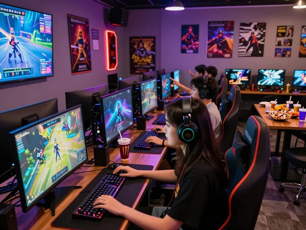 Engaged players enjoying online games at a vibrant gaming lounge; hoki288 atmosphere with colorful lighting and snacks.