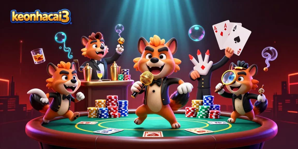 Experience the excitement of keonhacai3 in a vibrant casino scene with hyena characters engaged in entertaining activities.