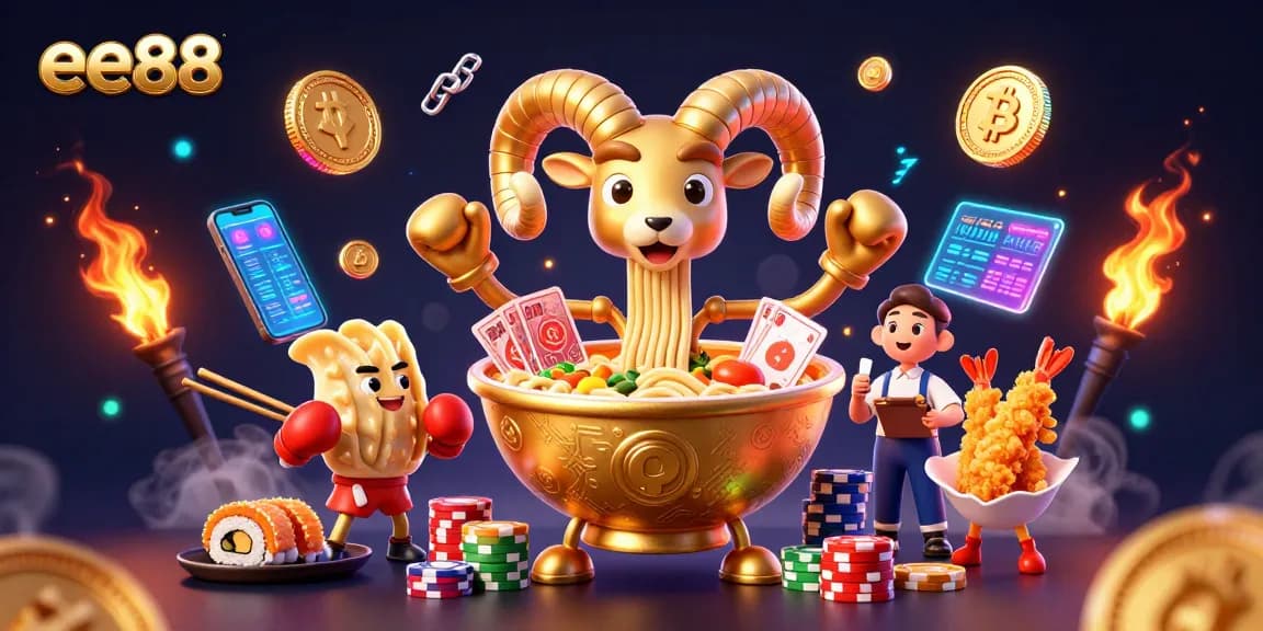 Experience thrilling gameplay at ee88 with a golden ramen bowl character stacking chips and cards.