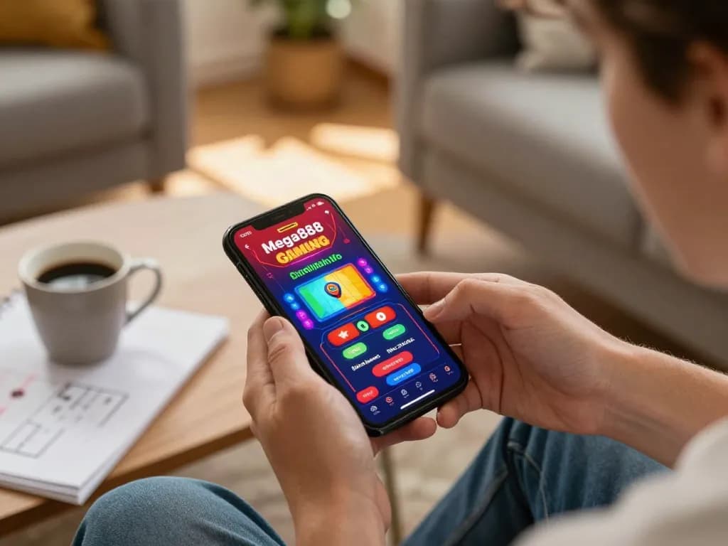 Mega888 Gaming app interface showing engaging gameplay on a smartphone in a cozy home setting