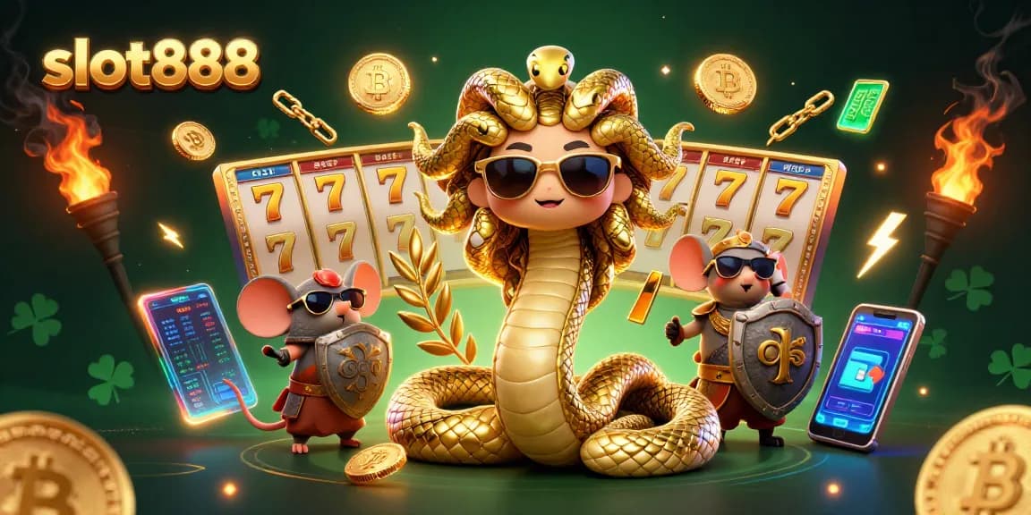 Mencoba slot888 untuk menang jackpot dengan Medusa dan mouse pejuang di dunia kasino yang cerah.