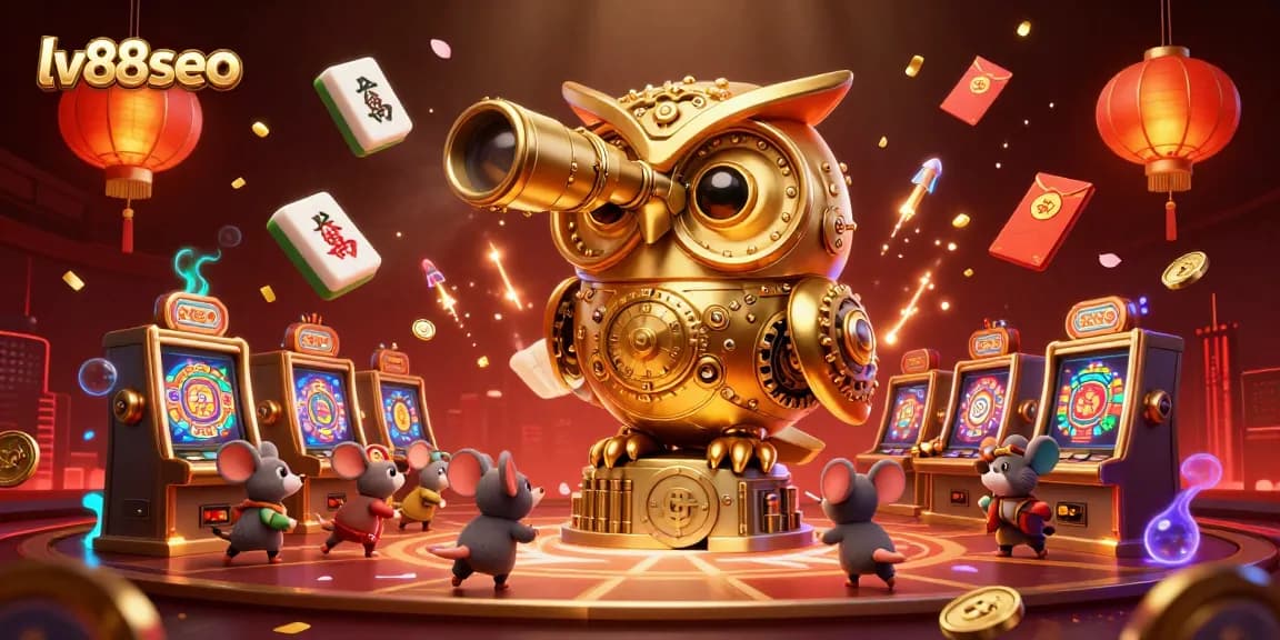 Experience thrilling gameplay with lv88seo in a vibrant, detailed 3D casino illustration featuring a golden owl and lively game elements.