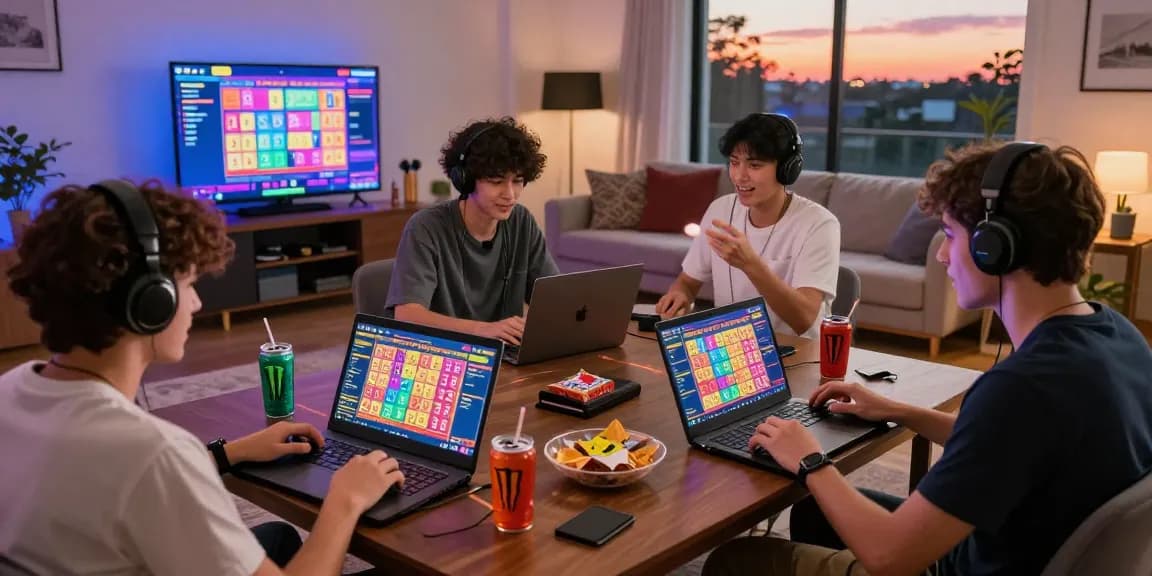 Excited players enjoying togel online in a cozy living room, showcasing vibrant game interfaces.