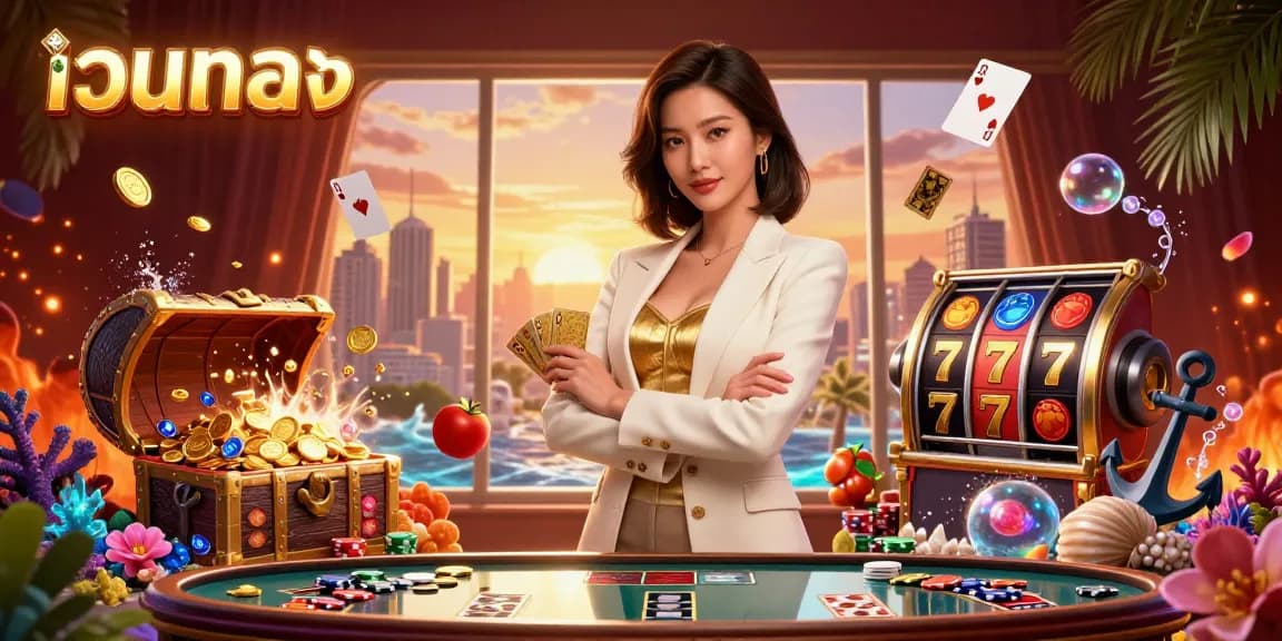 เข้าร่วมการเล่นเกมที่น่าตื่นเต้นที่ เว็บตรง โดยมีหญิงธุรกิจผู้ทรงพลังถือไพ่ทองคำอยู่ท่ามกลางองค์ประกอบสล็อตที่เต็มไปด้วยพลัง