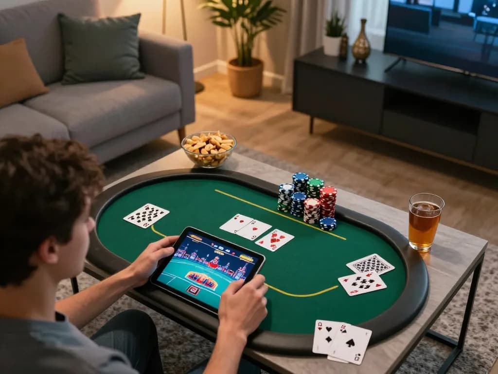 F168 user strategizing in an online poker game with cozy home setup and snacks.