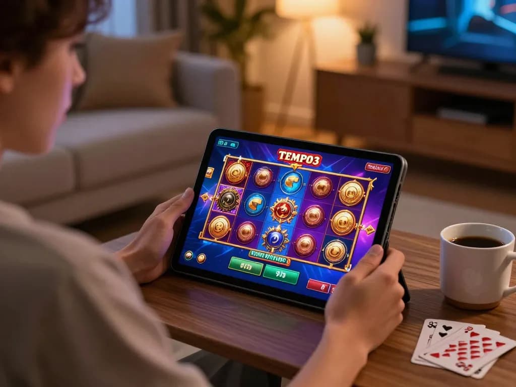 Experience thrilling gameplay with Tempo123 Gacor on a tablet in a cozy modern living room