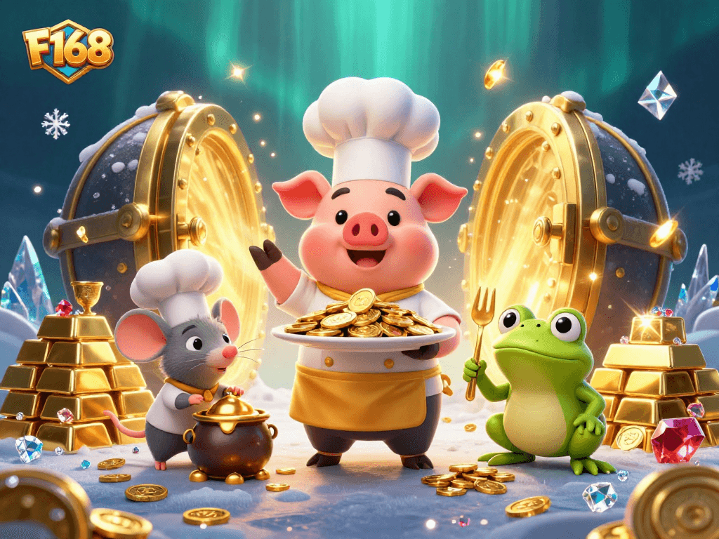 Enjoy F168's exciting games with gold coins, treasure, and vibrant characters in a lively casino scene.