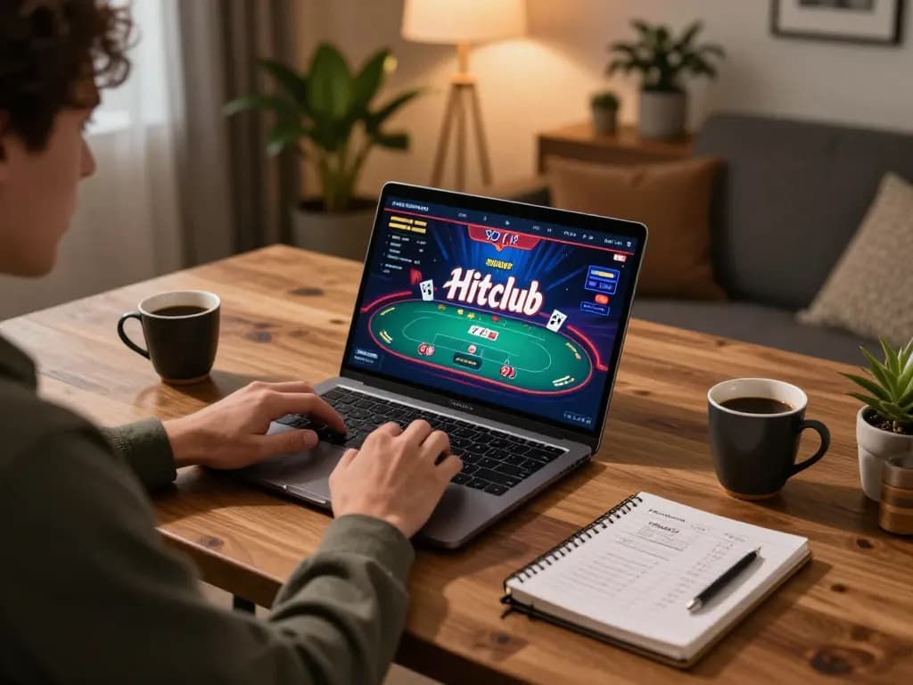 Player enjoying Hitclub online gaming on a sleek laptop, surrounded by cozy home atmosphere