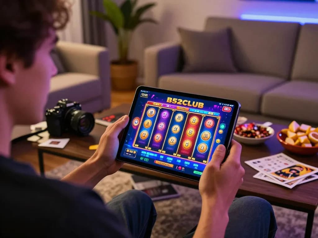 B52club user engaging with vibrant slots interface on tablet in cozy home setup