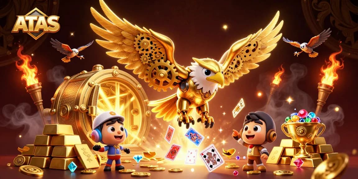 ATAS Casino showcases a diving robot eagle among holographic cards, gold treasures, and excitement for players.