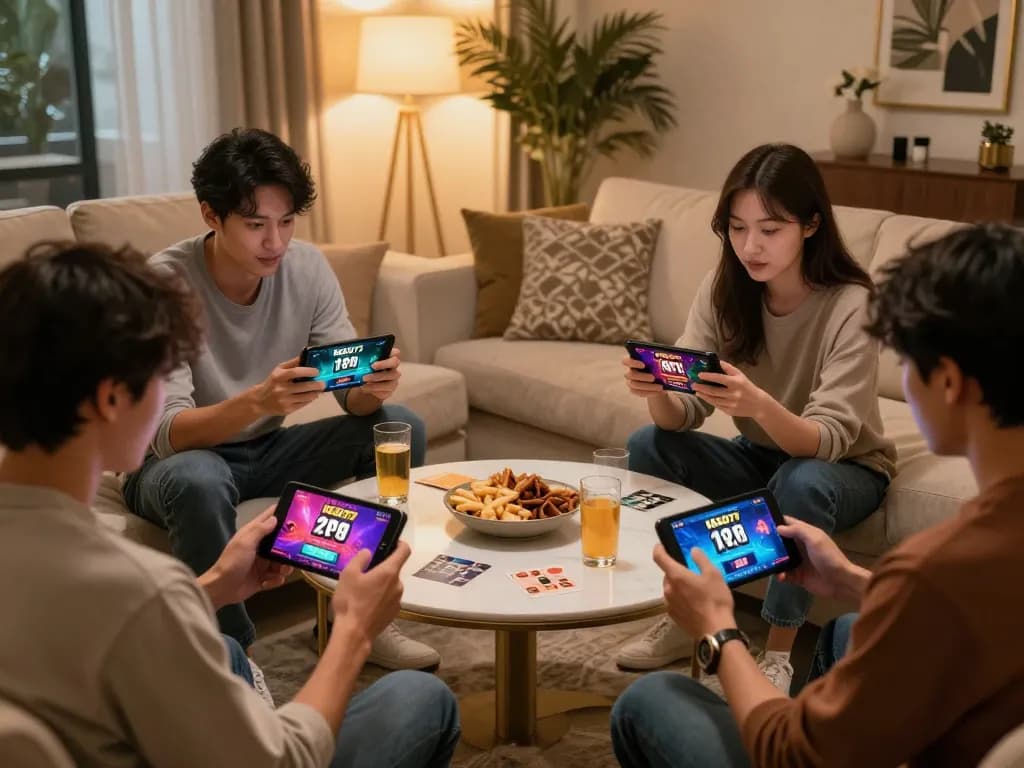 Players enjoying online gaming on NEGO77 platform with mobile devices in a stylish living room.