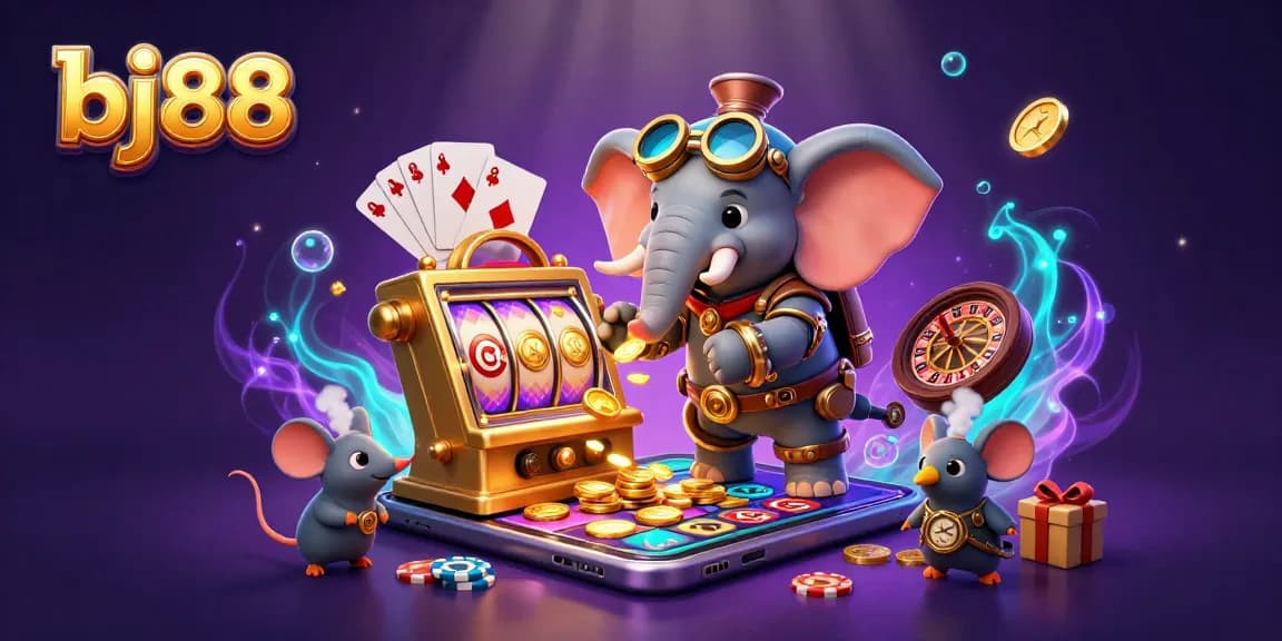 Play exciting games at bj88 with a steampunk elephant operating a golden slot machine.
